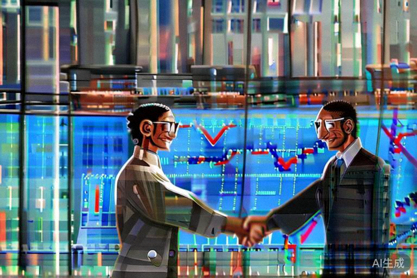 两个人在会议室握手合作，背后是印有物流轨迹和供应商工厂的屏幕