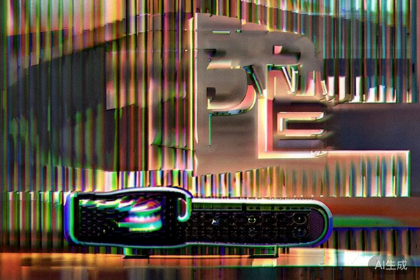 一个设计精致的品牌蓝牙音箱产品摆放在简约的木质桌面上，背景是发光的品牌Logo和柔和的灯光，突出品牌质感