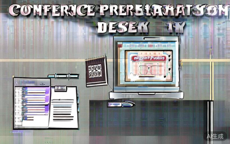 一个整洁的会议准备工作台，上面摆放着打开的笔记本电脑显示着嘉宾资料、笔记本、笔和电子名片二维码