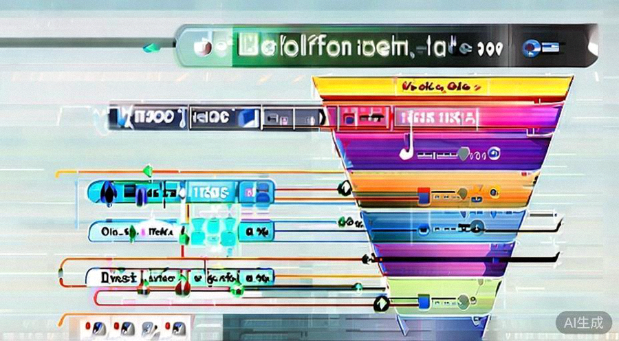 一张展示从流量到订单的转化漏斗分析图，清晰标注了访客、加购、结算、支付成功等关键环节的流失率