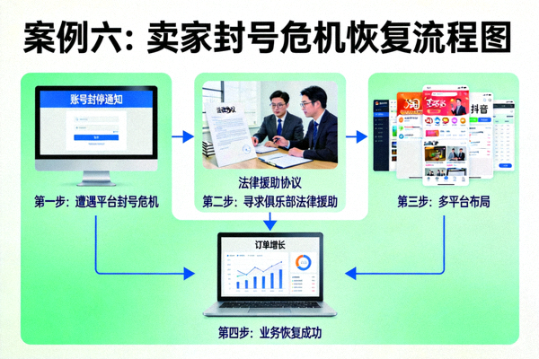 案例六：展示一个卖家在遭遇平台封号危机后，通过俱乐部法律援助和多平台布局成功恢复业务的流程图