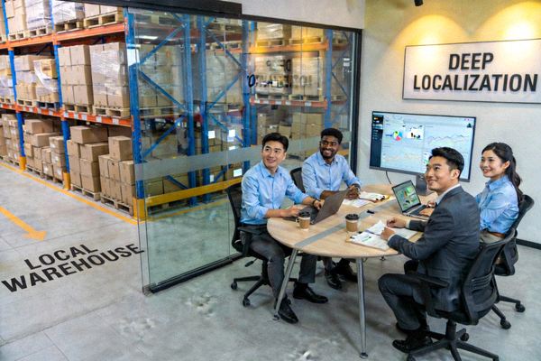 案例四：卖家在东南亚本地仓库现场照片及与本地团队开会的场景，展示深度本地化运营