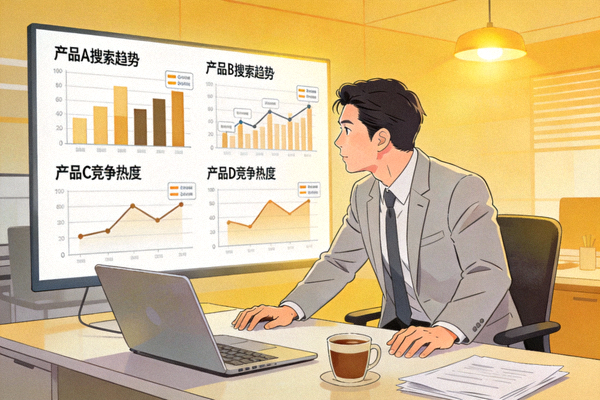 一位卖家正在分析市场数据图表，屏幕上显示着不同产品的搜索趋势和竞争热度对比