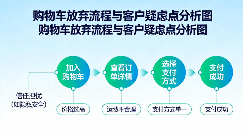 购物车放弃流程与客户疑虑点分析图，展示了从加入购物车到支付成功过程中，价格、运费、支付方式、信任问题等如何导致客户流失