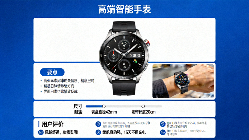 一个精致的产品详情页面设计图，展示了清晰的标题、高质量主图、要点描述、场景图、尺寸图表和用户评价模块的布局