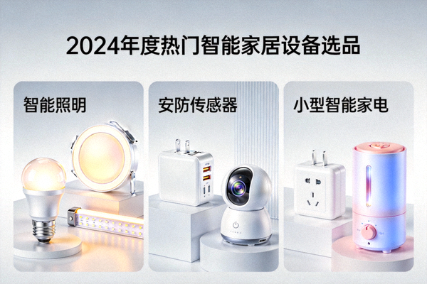 2024年度热门智能家居设备选品展示图，包括智能照明、安防传感器和小型智能家电
