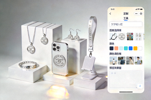 个性化配饰案例图：一系列可定制的个性化首饰或手机配饰排列展示，旁边有定制工具界面