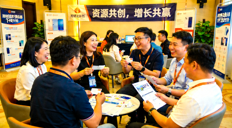 跨境卖家俱乐部线下资源对接会现场，不同行业的卖家正在热烈交流，背景是写有‘资源共创，增长共赢’的横幅