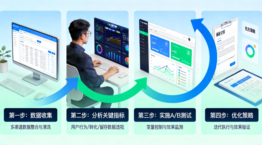 数据驱动运营的实践路径图，展示了从数据收集、分析关键指标、实施A/B测试到优化策略的完整闭环流程