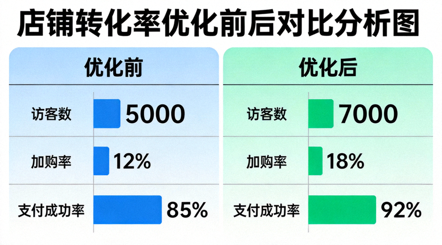 一张展示店铺转化率优化前后对比的分析图表，包含访客数、加购率、支付成功率等关键指标