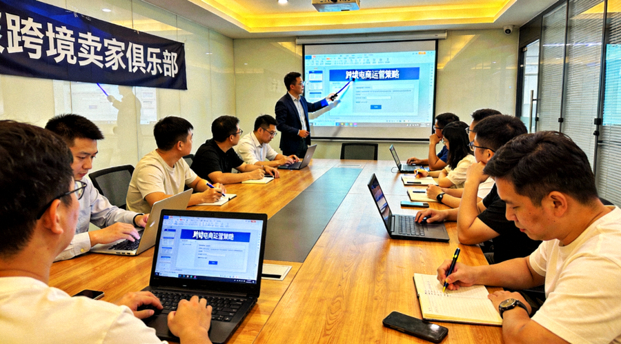 跨境卖家俱乐部线下交流会议场景图，与会者正在认真听取分享并记录笔记