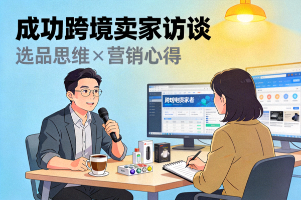 成功卖家访谈主题图：一位成功的跨境卖家正在接受访谈，分享他的选品思维和营销心得