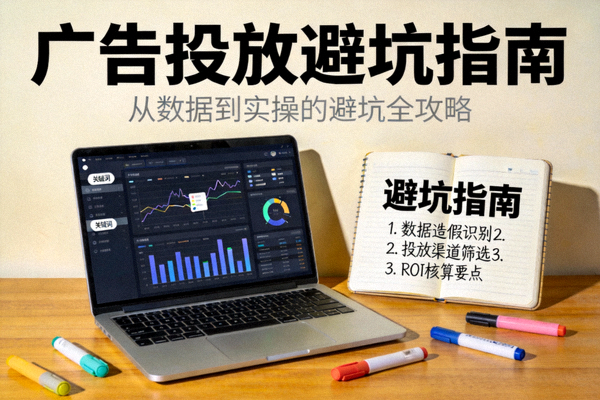 广告投放避坑指南主题图：电脑屏幕上显示着复杂的广告数据报表，旁边有一个写着“避坑指南”的笔记本