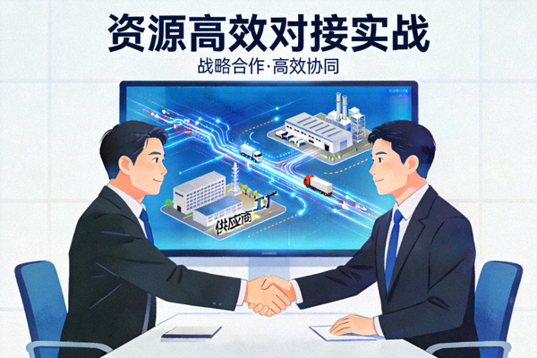 资源高效对接实战主题图：两个人在会议室握手合作，背后是印有物流轨迹和供应商工厂的屏幕