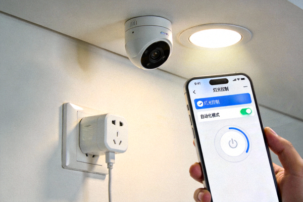 智能家居场景图：智能插座、传感器和手机App控制界面协同工作，实现灯光自动化
