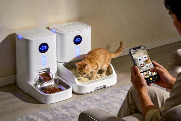 自动化宠物喂养机与智能猫砂盆，宠物正在使用，主人通过手机远程查看